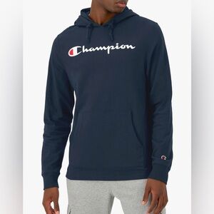 Champion Logo Long Sleeve Hooded T-shirt Hoodie Navy Size Small Sporty Pocket